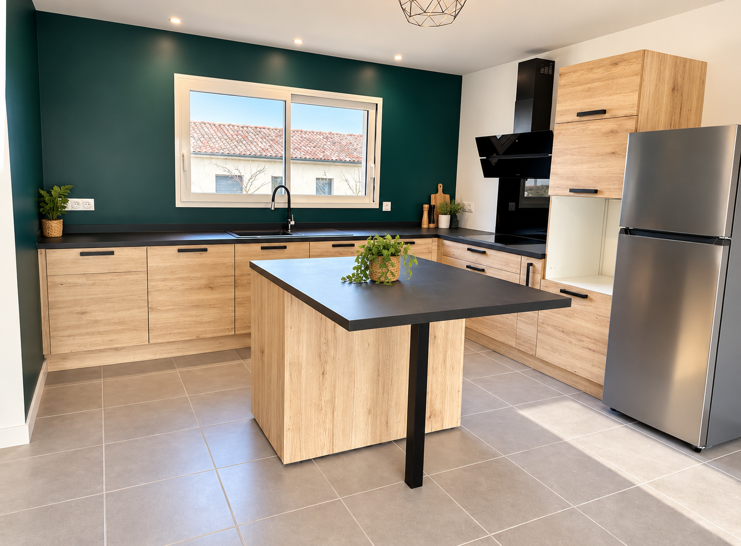 Cuisine moderne vert forêt et bois clair salle de détente