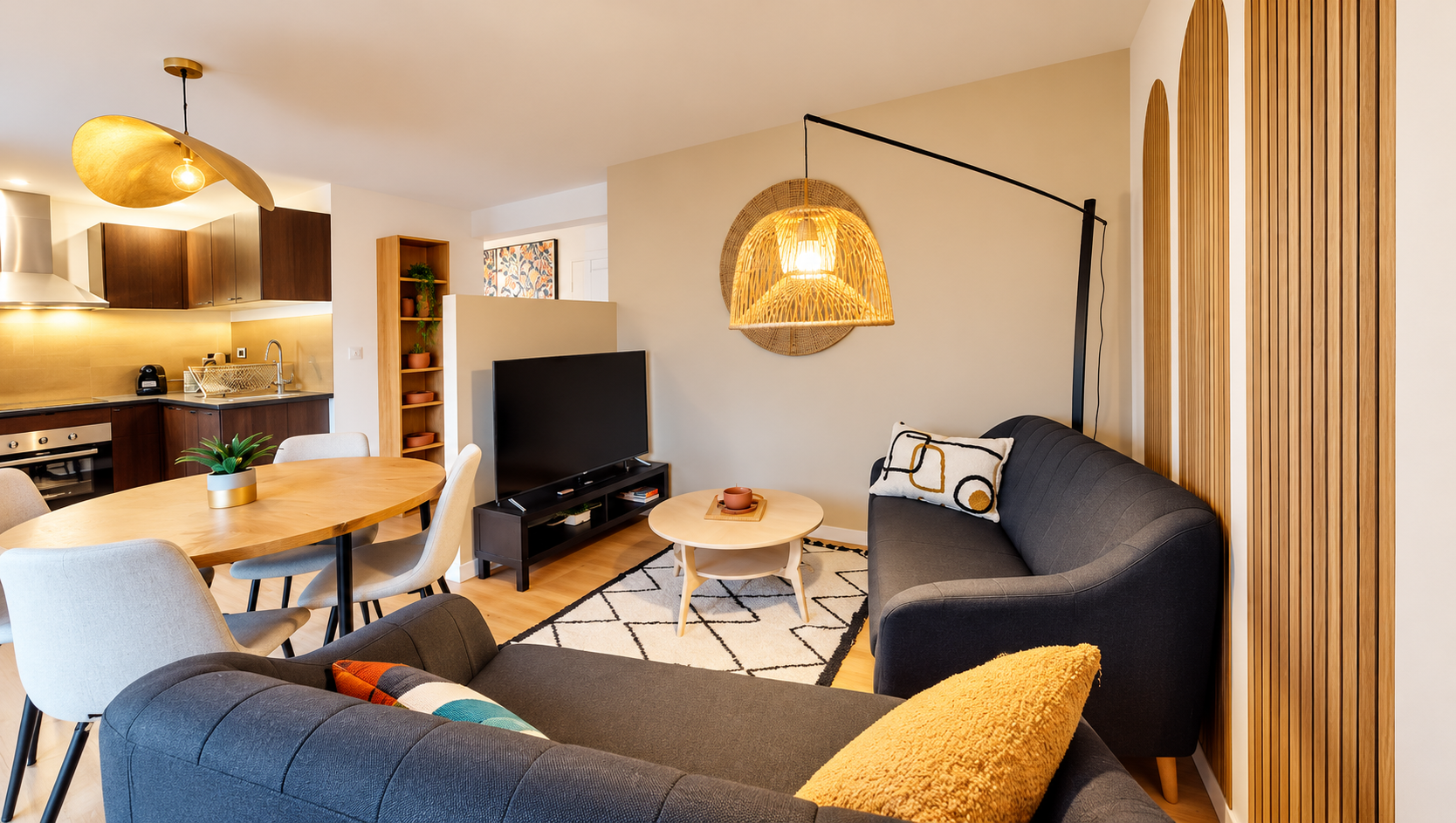 Salon scandinave chaleureux et lumineux meuble